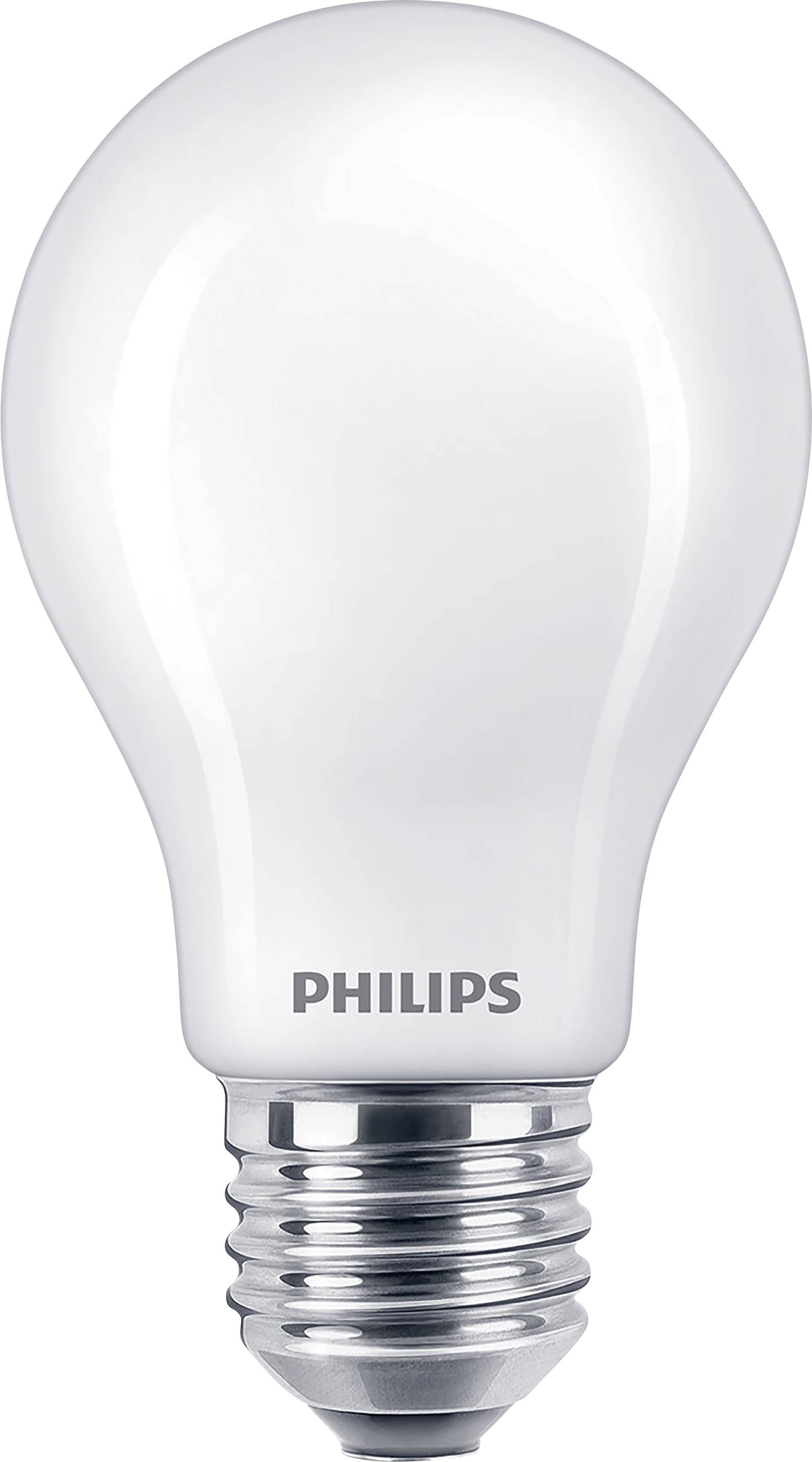 'Philips' LED light bulb on white background; energy-efficient, modern design.