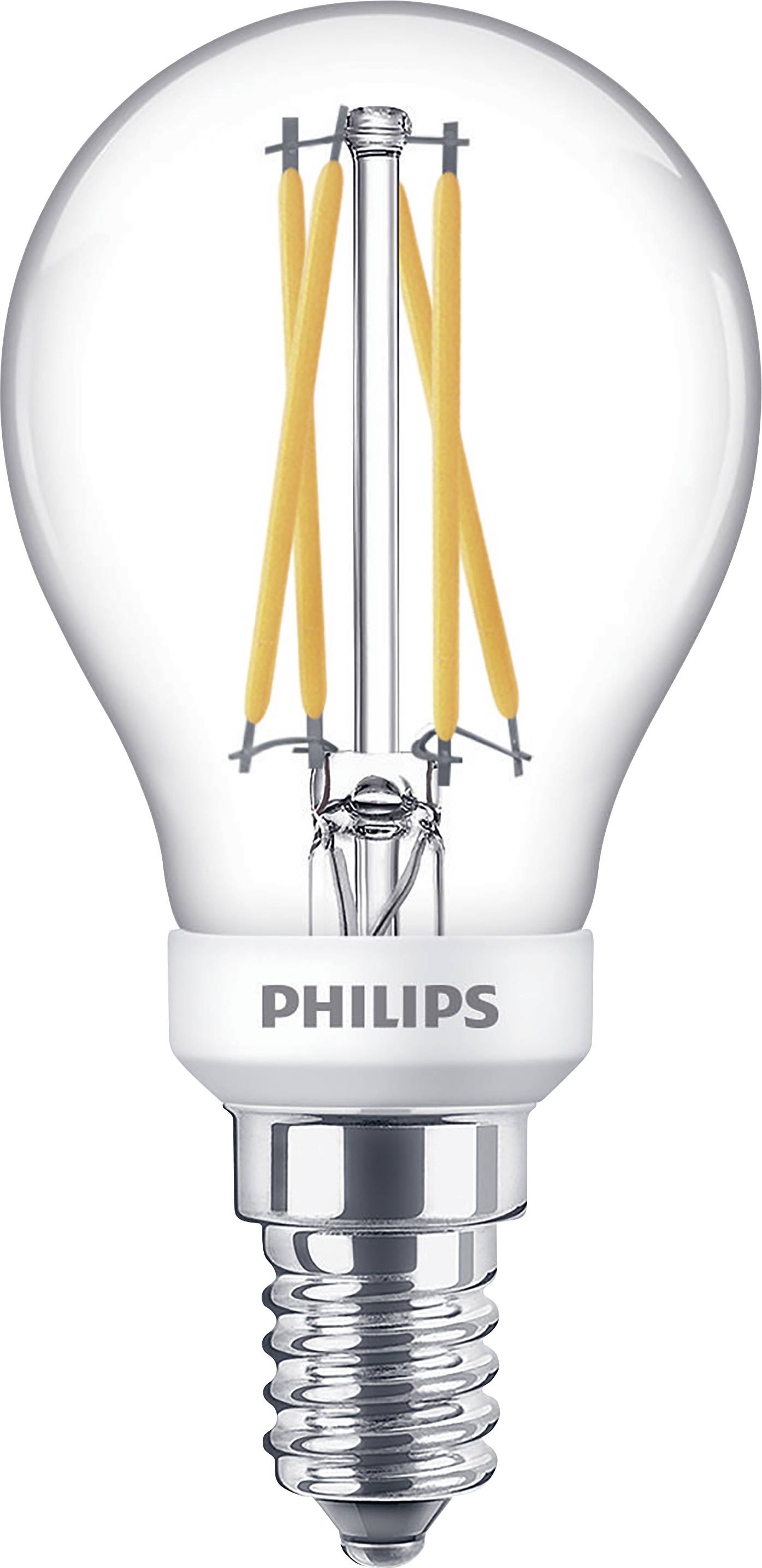 A transparent Philips LED filament bulb with visible filaments and an E14 bayonet cap, suitable for energy-efficient lighting.