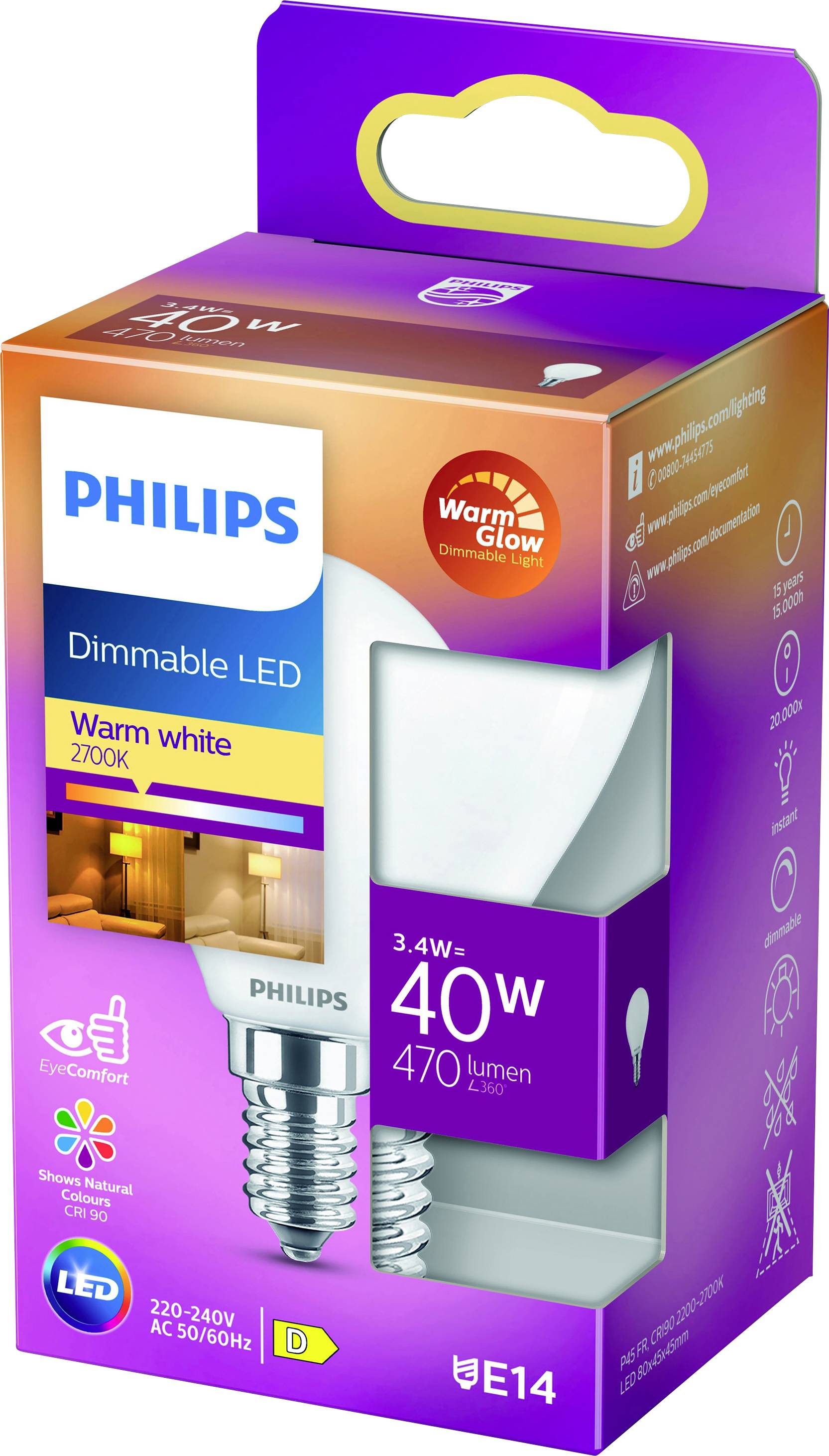 Packaging for a dimmable Philips LED lamp, warm white, 40 Watts, 470 lumens, E14 fitting. Includes WarmGlow and EyeComfort technologies.