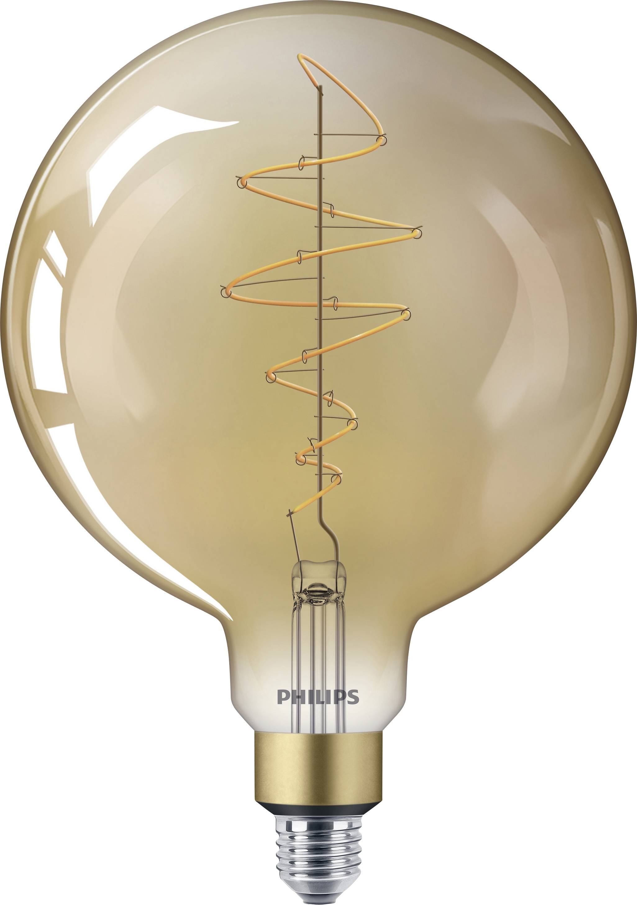 A large, round light bulb with a visible spiral filament and an E27 Edison screw base. The 'Philips' brand is visible on the base.