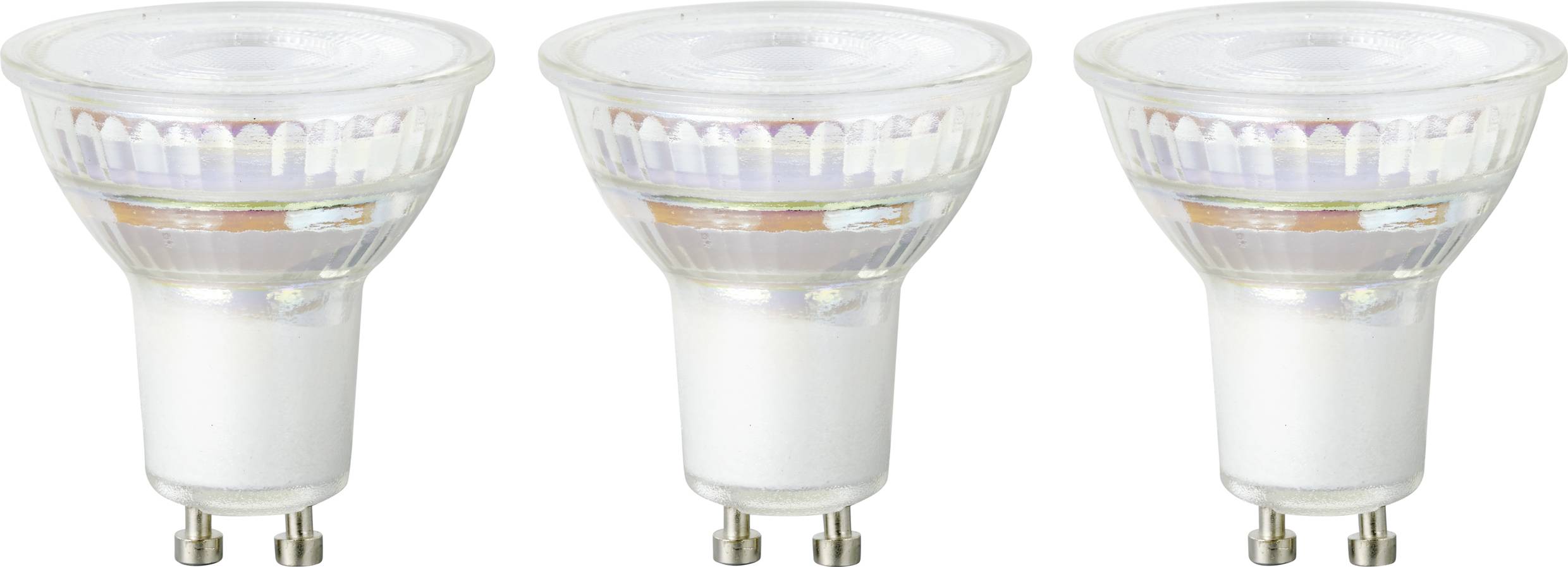 Three identical LED light bulbs with GU10 base placed side by side, suitable for energy-saving lighting.