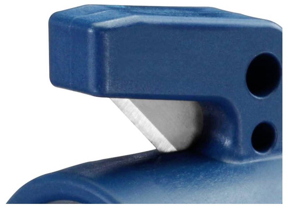 A close-up photo shows a blue, robust cutting device, equipped with a sharp metal cutting blade.