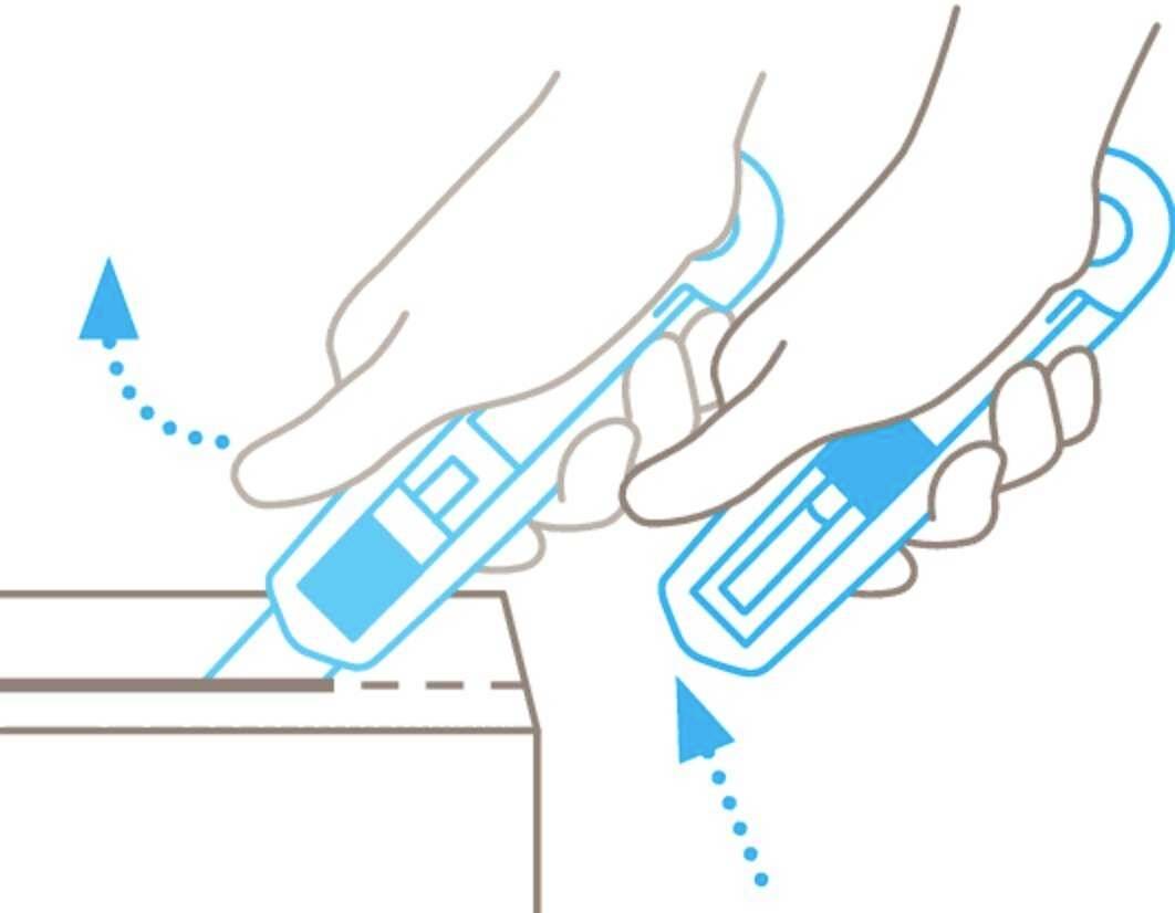 Two hands demonstrate how to open and safely cut a package with a utility knife.