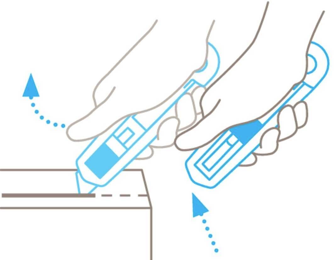 Graphic shows hands opening a cardboard box with a safety knife. Lines and arrows illustrate the cutting motion.