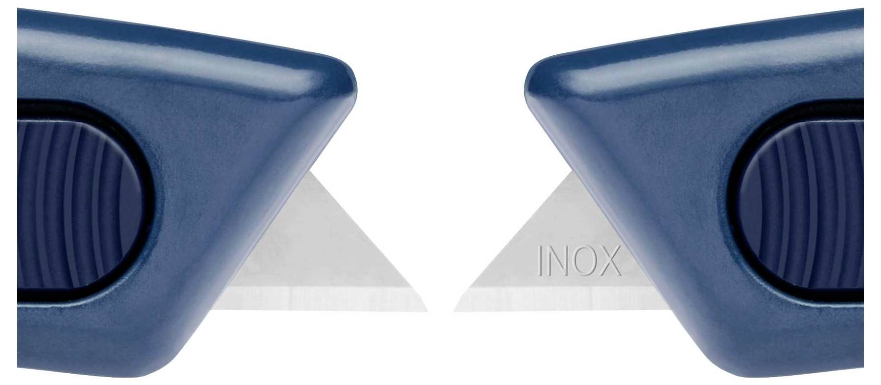 Two carpet knives face each other, both with blue handles and visible blades. The word 'INOX' is engraved on the right blade.