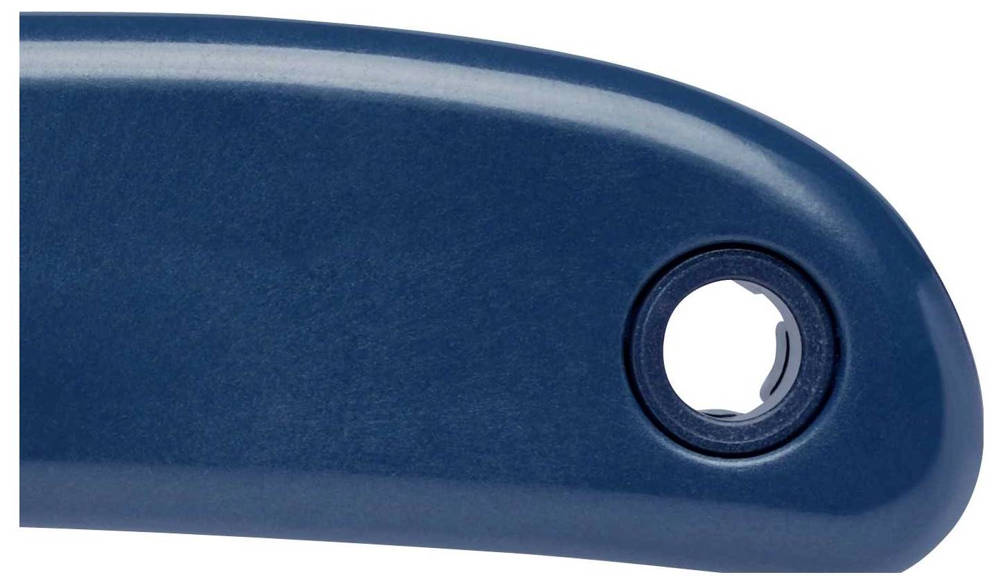 Blue handle with a round hole on the right side, likely part of a tool or device.