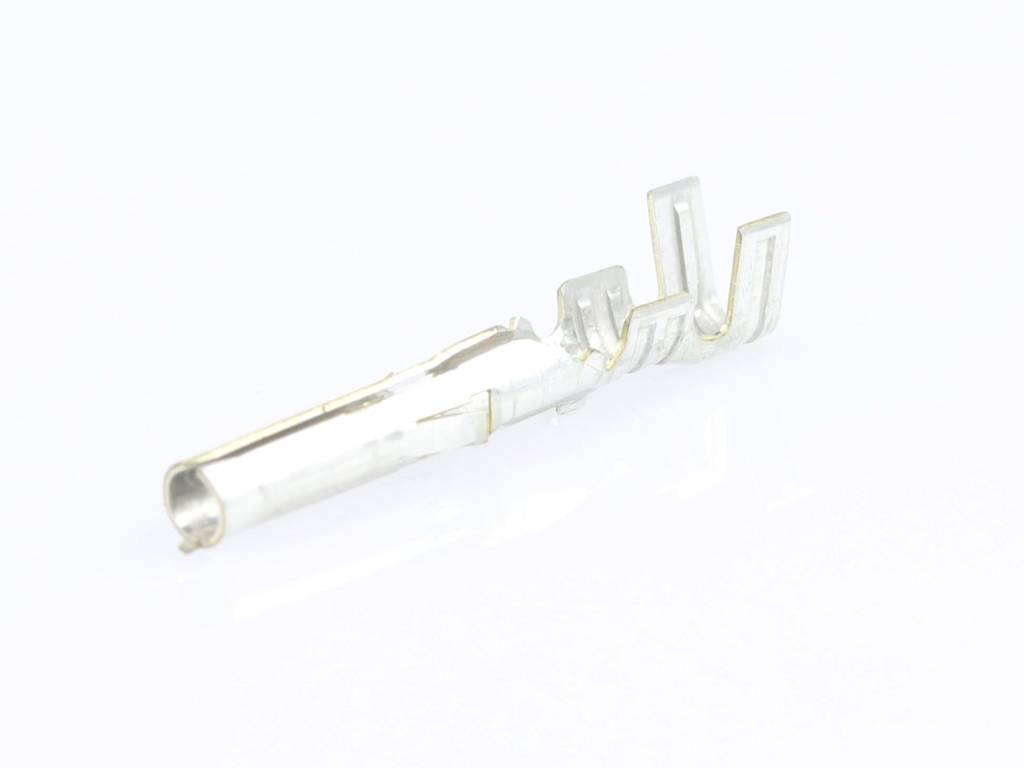 Single metal contact for electrical connections, possibly part of a connector, isolated on white background.
