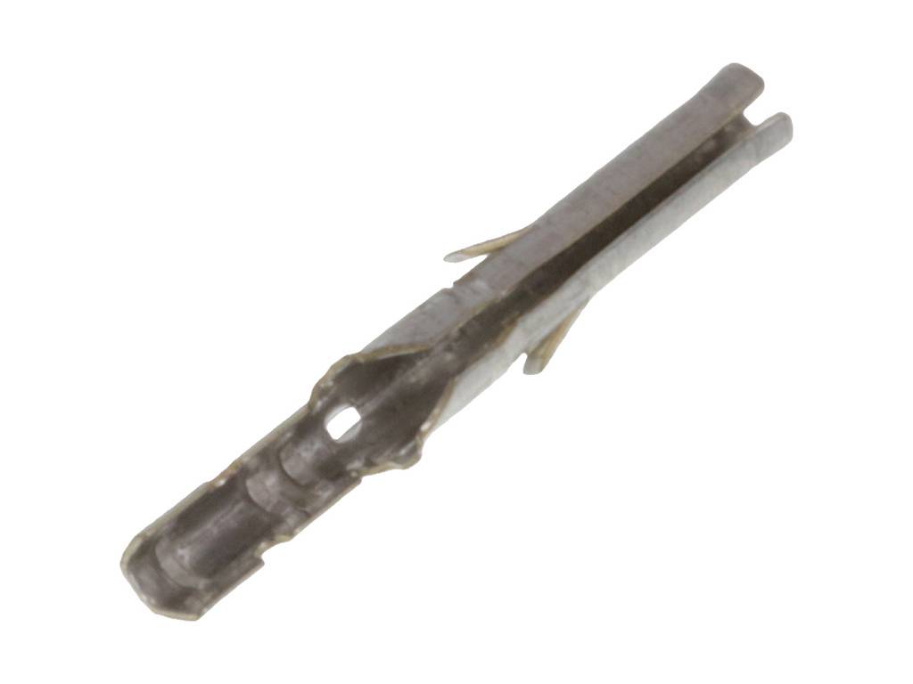 A metallic plug connector with a cylindrical shape and two lateral contact clips, used in electronic applications.