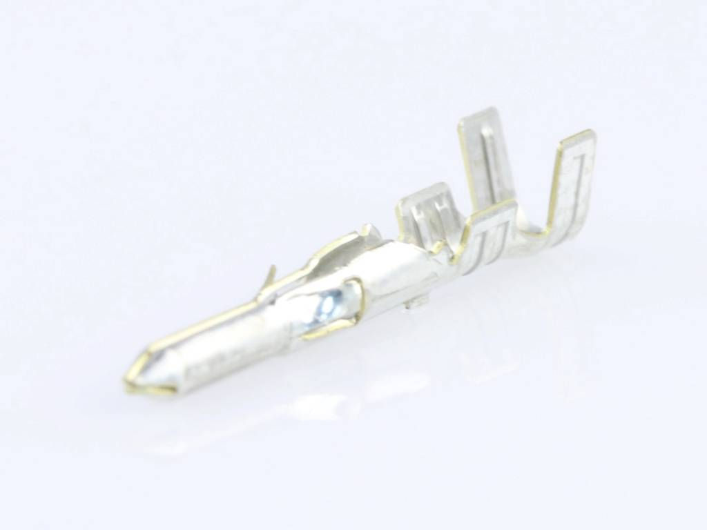 A small, silver metal component on a white background. It could be an electrical or mechanical plug contact.
