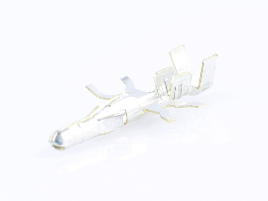 A silver metallic component with several protruding elements, potentially used for electronic connections or mechanical purposes.