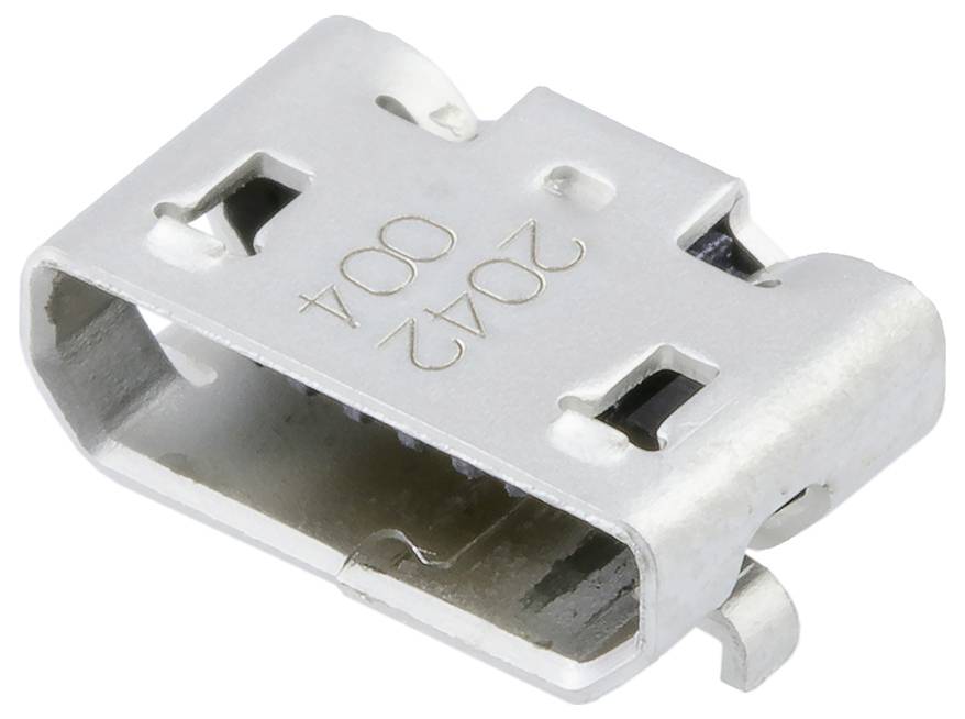 A micro USB connector, silver color, with visible prongs and serial number 2042 004, used for electronic device connections.