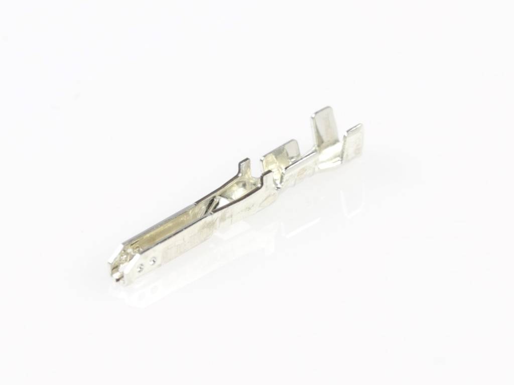 Metal component of a connector, elongated and narrow, on a white background.