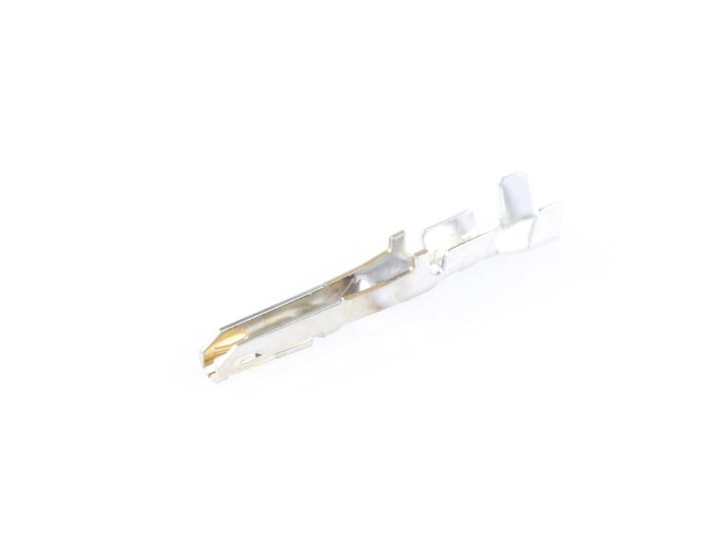 A metal component with an elongated, irregular shape and a shiny surface. Most likely a contact piece or connector.