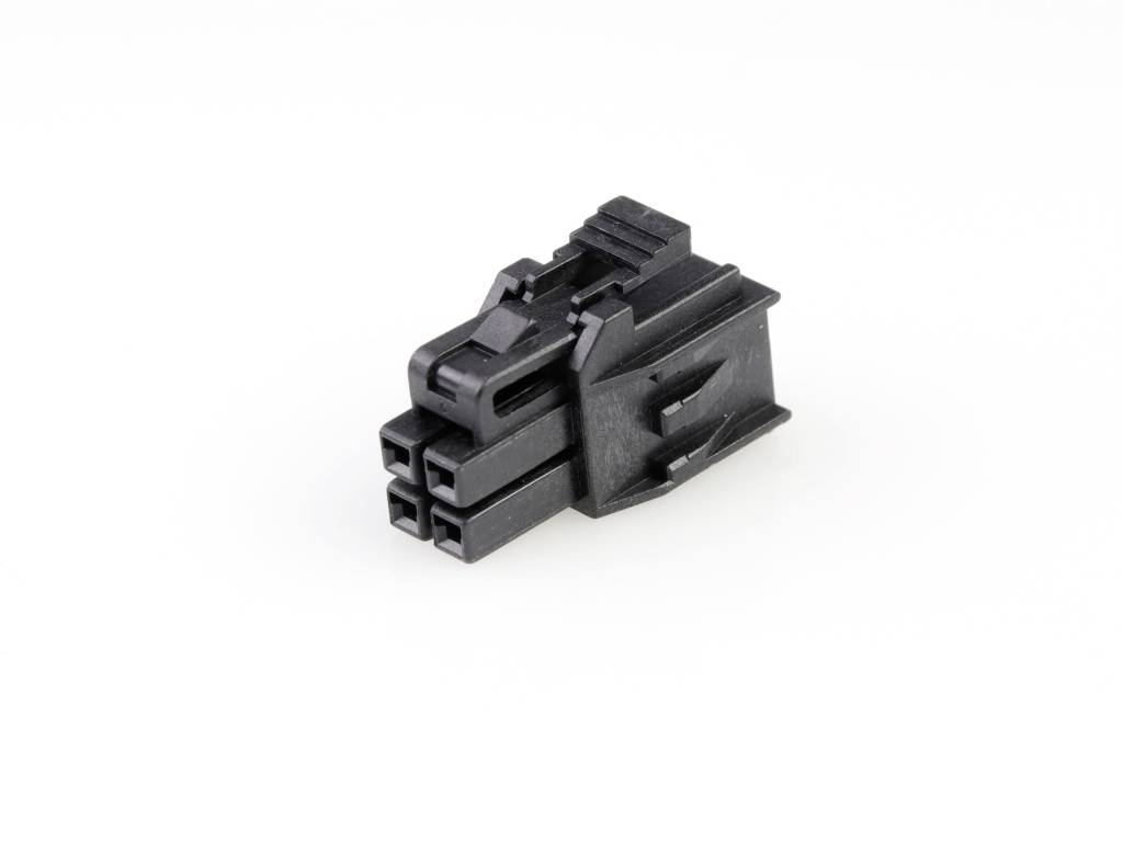 Black electrical connector with four connection openings on a white background, for use in electronic devices.
