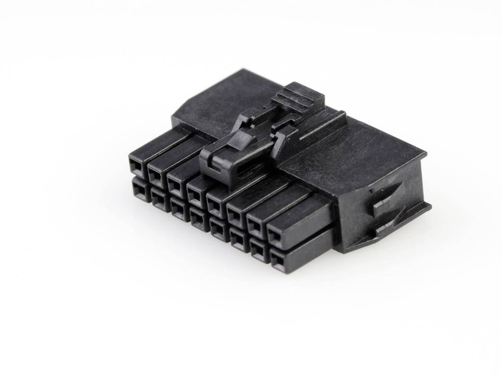 A black, rectangular 24-pin connector for computer power supplies on a white background.