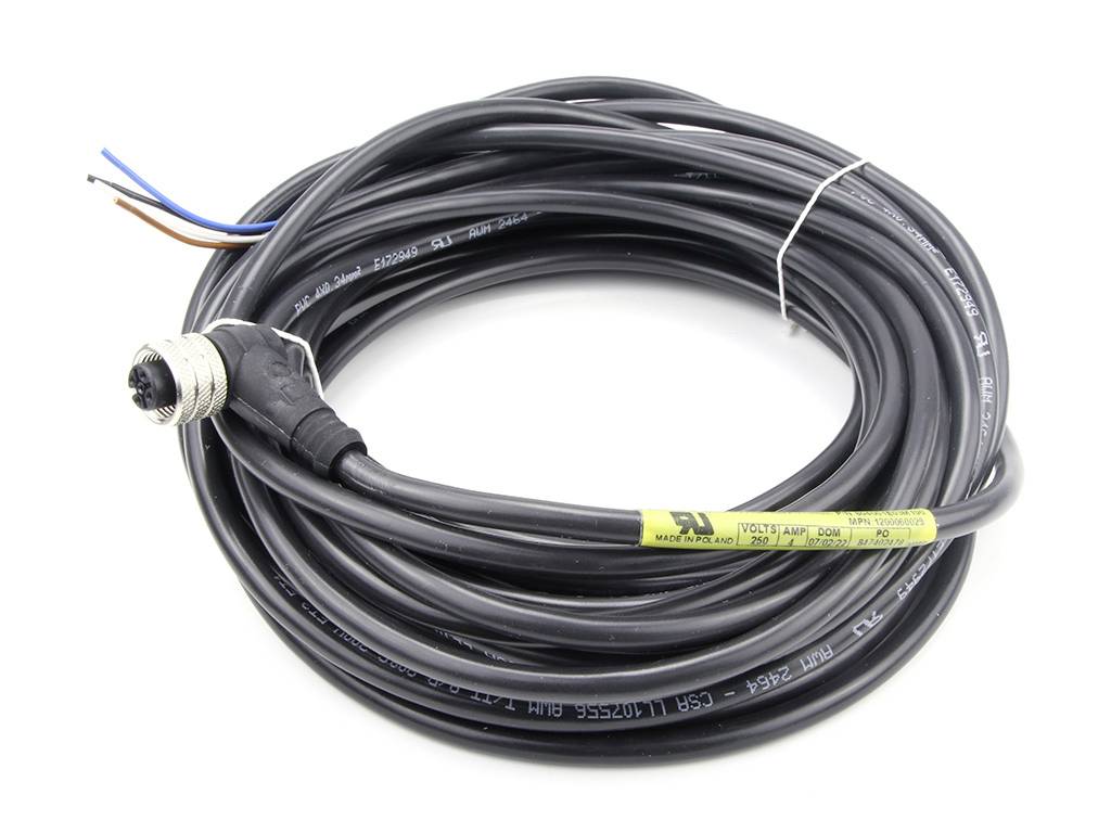 A black cable with a metal plug and three exposed, bare conductors. Coiled and secured with cable ties.