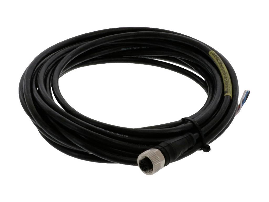 Black, coiled cable with a round plug, suitable for electrical connections.