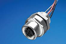 A silver, cylindrical metal connector with multiple cables extends against a blue background.