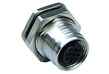 A cylindrical metal connector with threading and multiple pins, suitable for industrial applications.