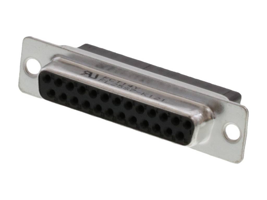 A 25-pin D-sub plug with a rectangular metal faceplate, used for connecting electronic devices.