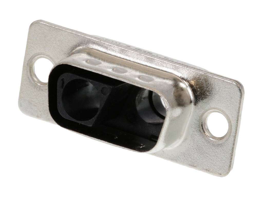 Metal plug with a rectangular housing and two mounting holes, suitable for electronic connections.