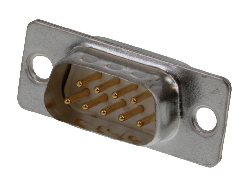 D-Sub connector with nine pins, metal housing, suitable for computer and communication applications.