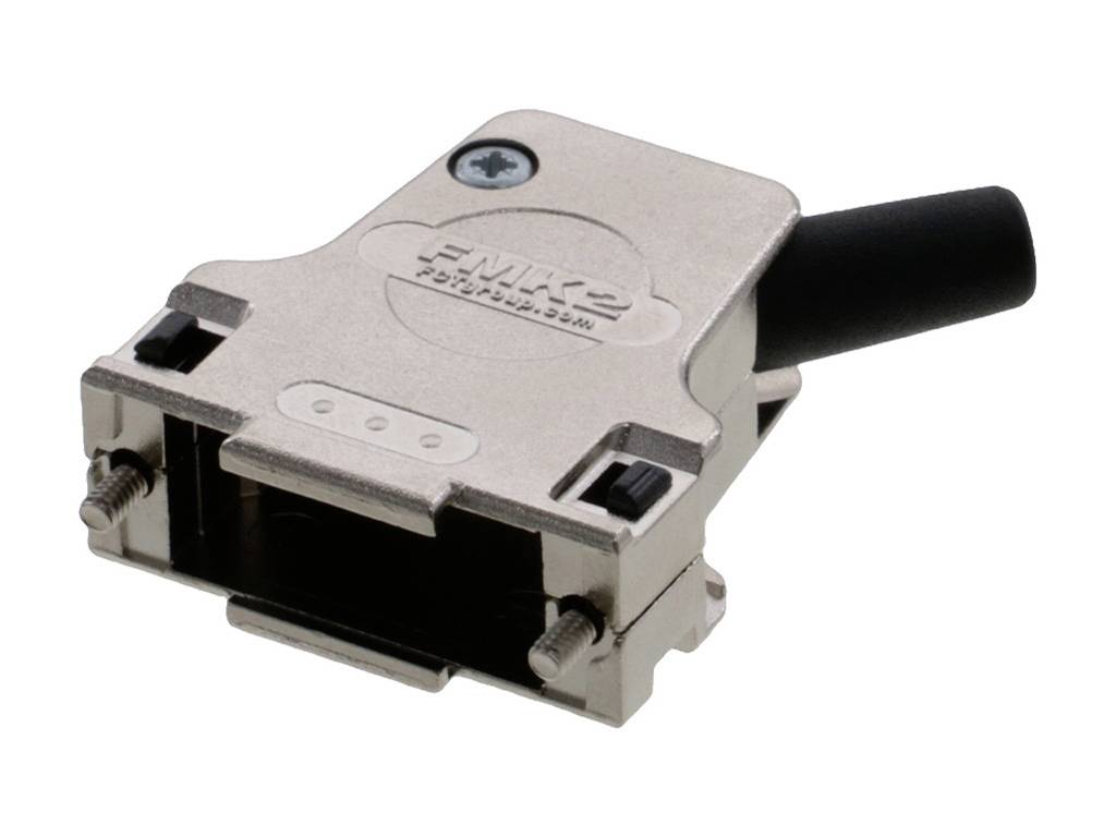 A silver, rectangular metal enclosure with a black cable opening and visible screws, possibly an electronic connector.