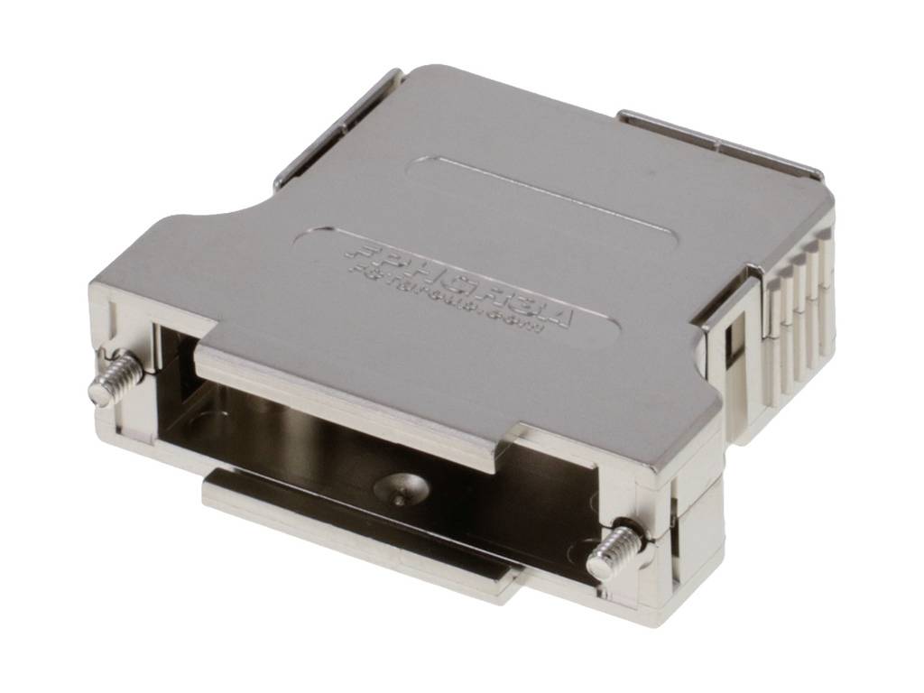 A silver metal cover for a plug adapter, used to protect and secure connection cables.