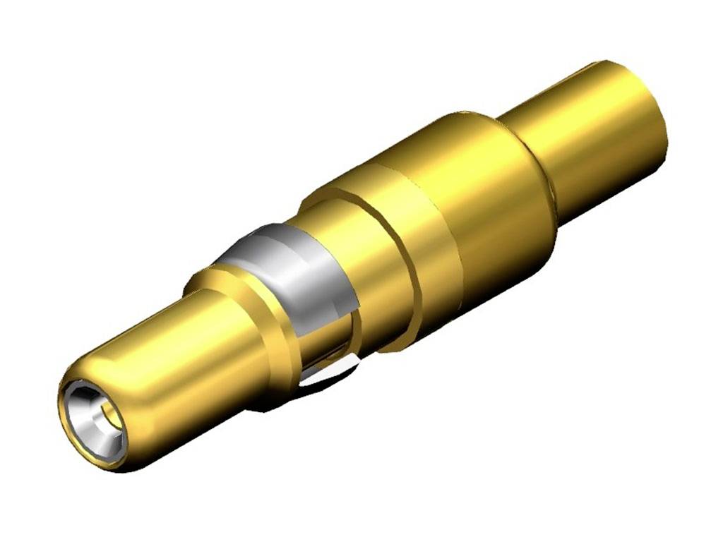 A golden connector pin with metallic and insulating elements, commonly used in electronic devices.