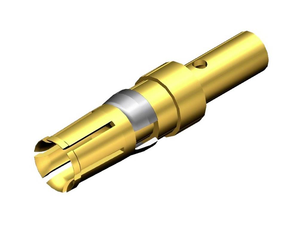Cylindrical, gold-coloured connector with multiple grooves at the front end, suitable for electrical connections.