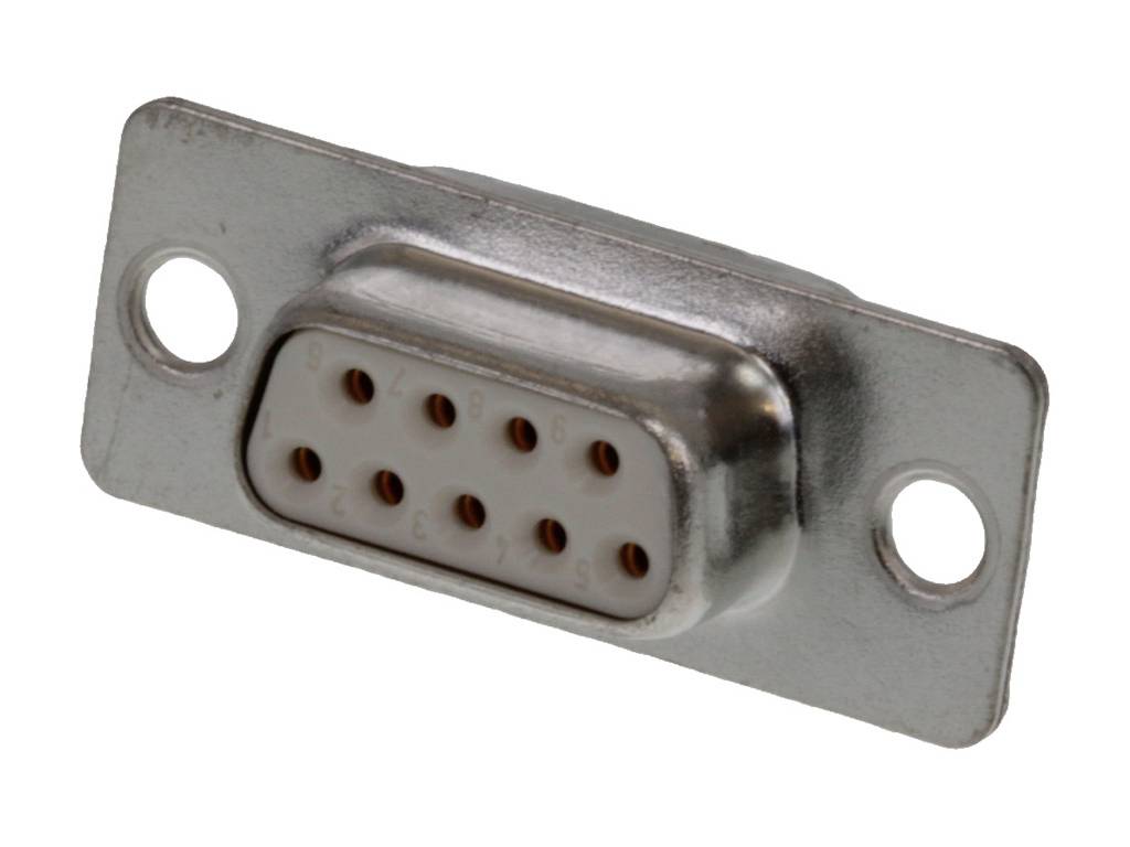 DB9 connector with nine pins, rectangular metal casing, used for data transmission in serial communication, with mounting holes.