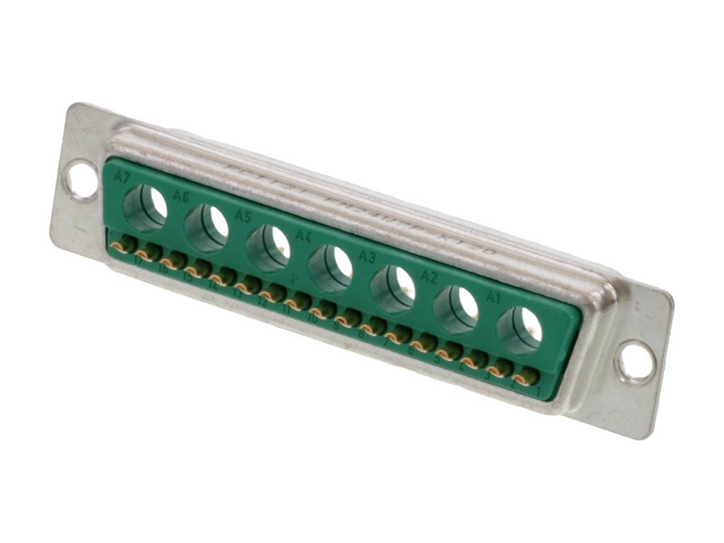 A green electrical connector with multiple metal contacts housed in a rectangular casing.