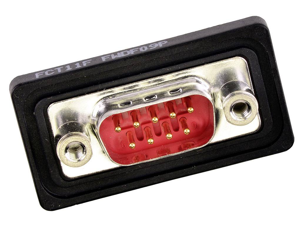 Close-up of a female serial D-sub connector with nine pins, mounted on a rectangular metal housing.