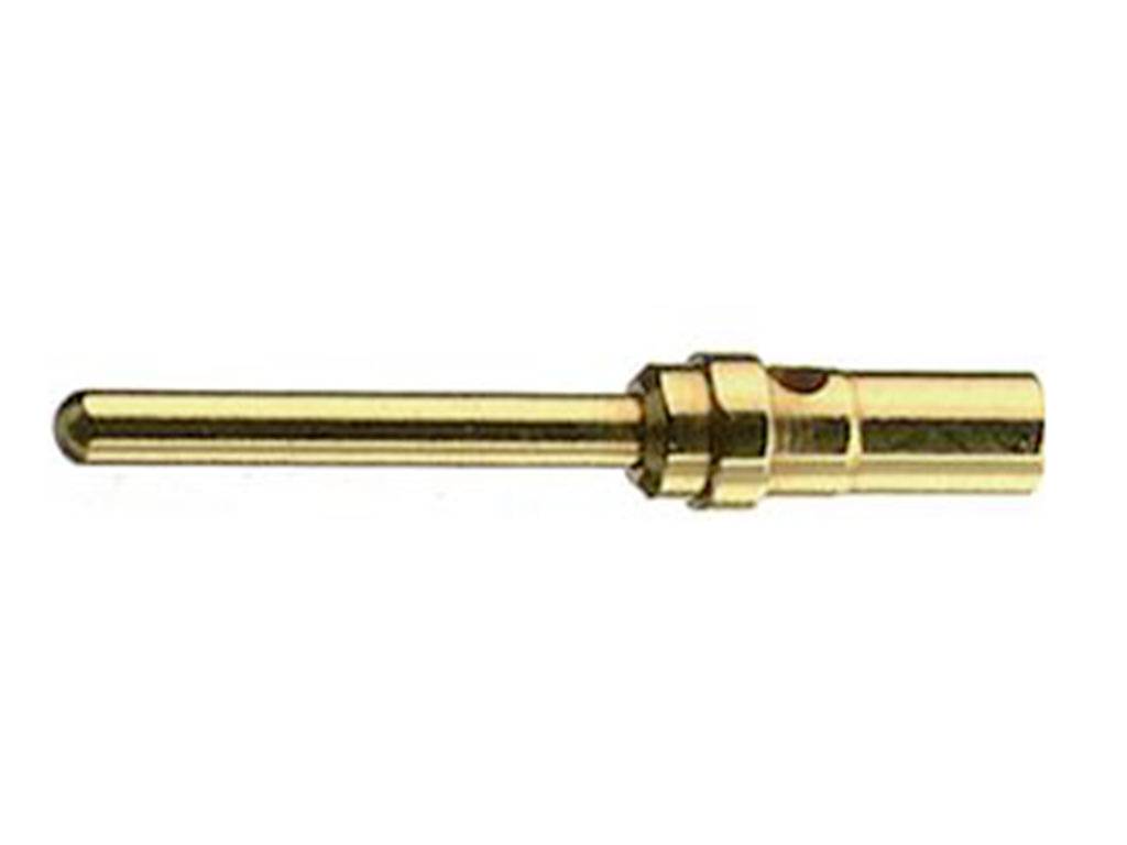Golden electrical pin plug with a long contact surface, used for electronic connections.