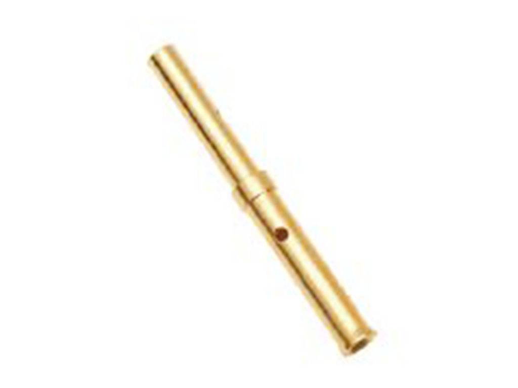 A single gold-coloured metal pin with a central opening, against a light background.