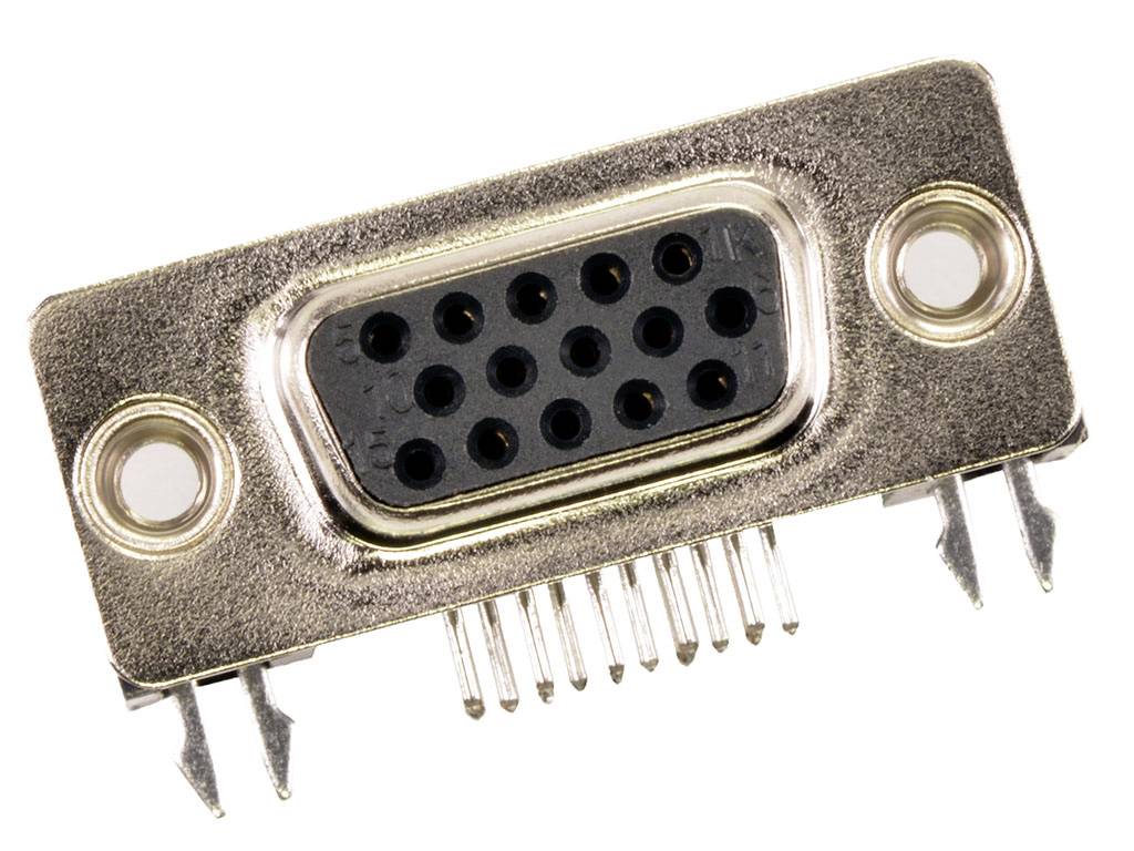 D-Sub connector with 15 pins, commonly used for VGA connections in computers and monitors. Silver metal casing.