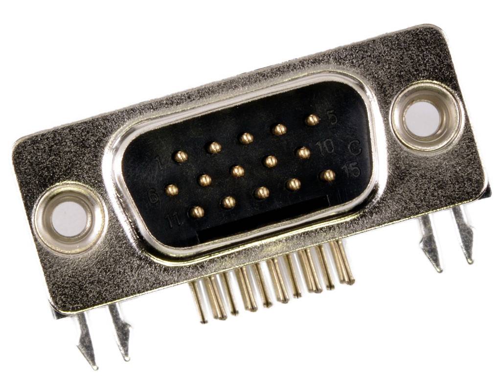 A DB15 plug with 15 pins in three rows, commonly used for analogue video connections. Metal casing with mounting holes.