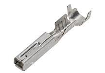 A silver metal contact plug, used in electrical connections, shows a hooked upper section and a rectangular lower part.
