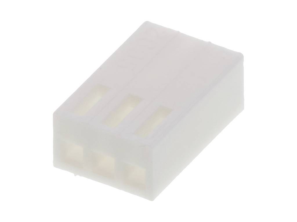 A white plastic connector with three contact sleeves for electrical connection, viewed slightly at an angle from the side.