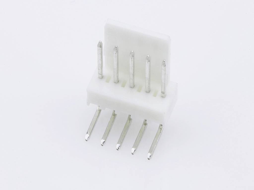 A white plug with six metal pins used for connecting electronic devices.