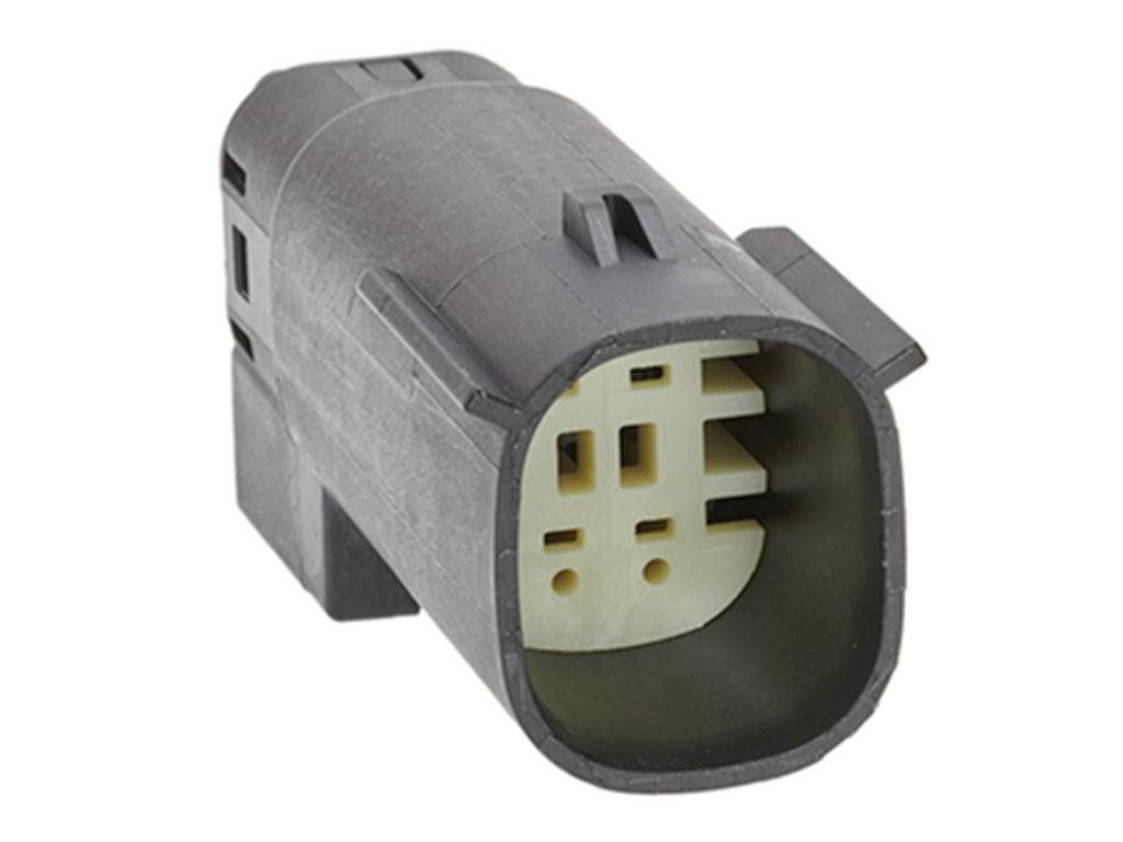 A black, rectangular plastic plug with multiple internal connections, side view.