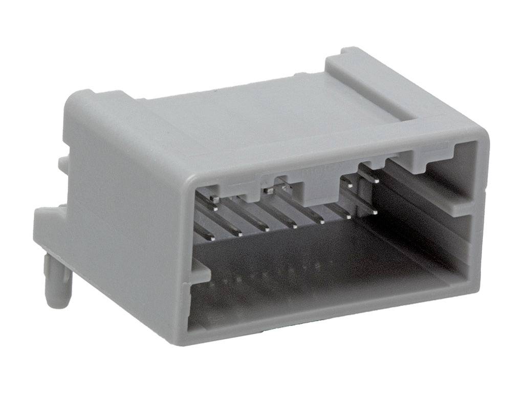 A grey, rectangular plastic connector with multiple metal connections inside. Suitable for electronic devices.