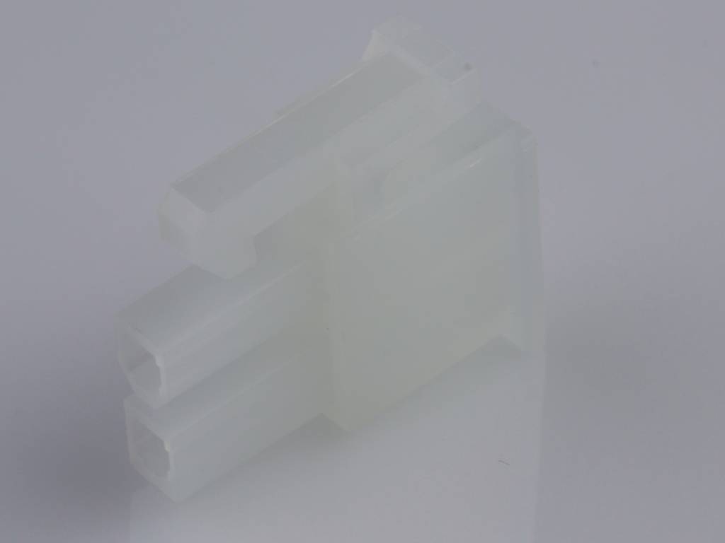 A white plastic plug with two parallel holes, suitable for electrical connections in technical applications.