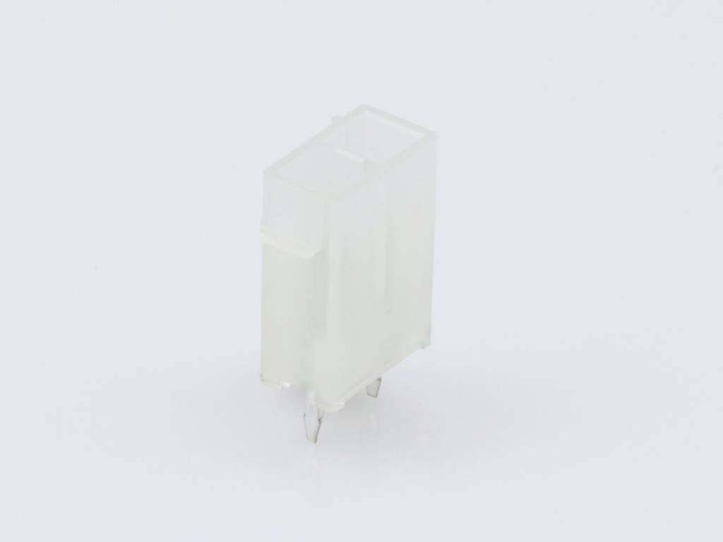 Transparent plastic plug with two metal pins against a white background.