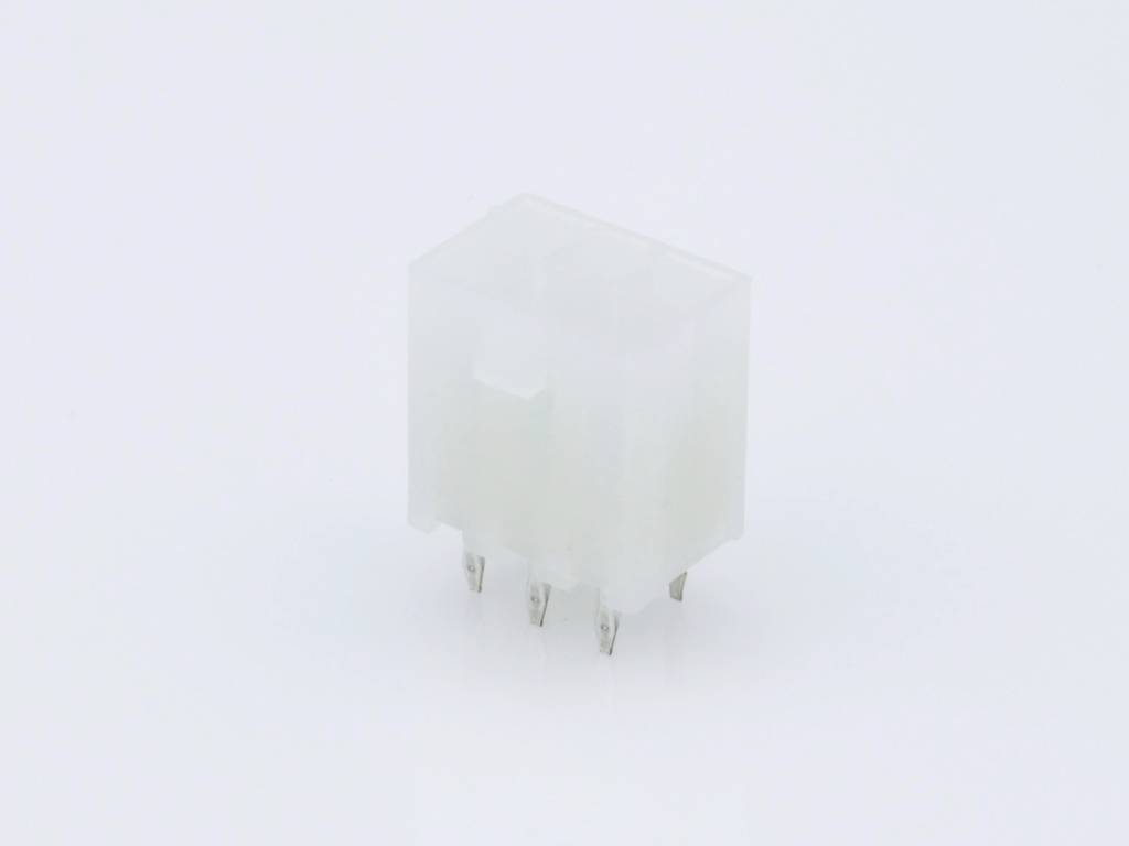 A white, square plastic plug with six metal pins, suitable for electronic connections on printed circuit boards.
