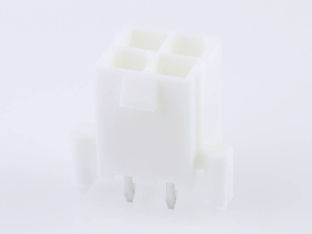 White 4-pin plastic plug with two metal contacts at the bottom, against a neutral background.