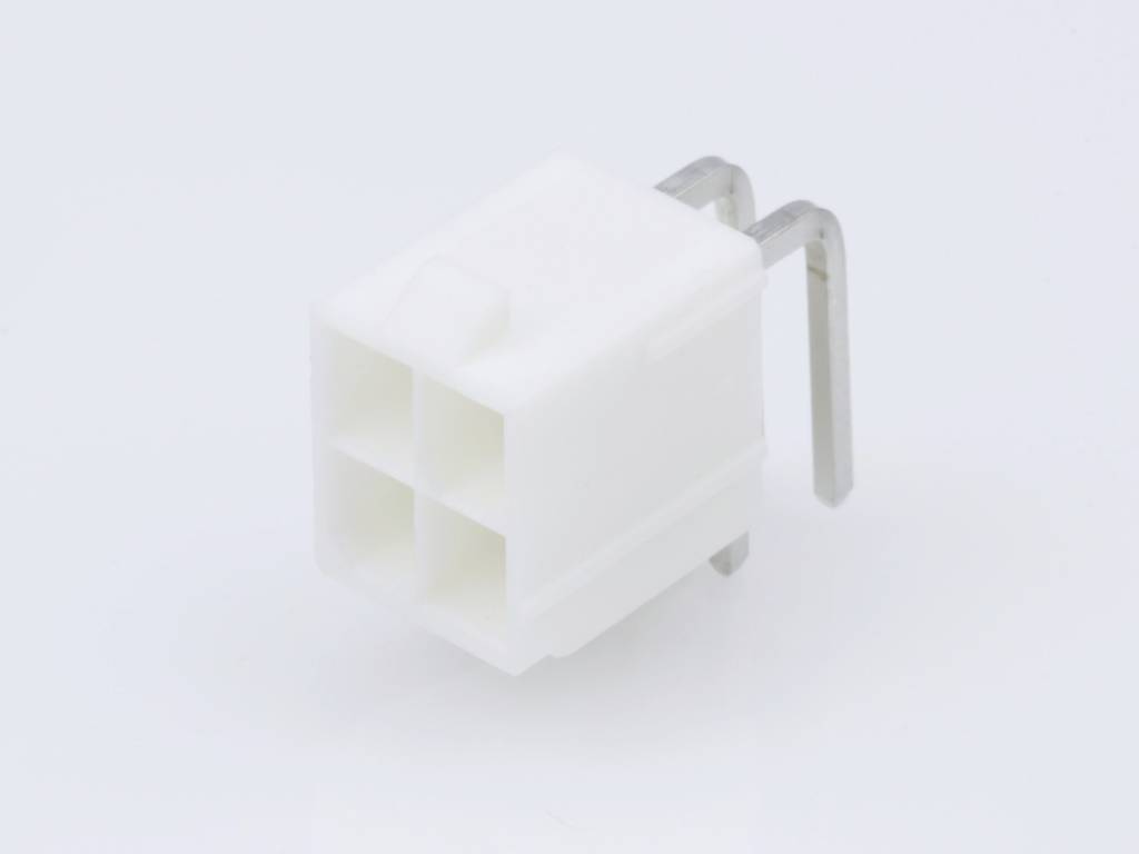 A white plastic plug with two metal pins, suitable for electronic connections, on a white background.