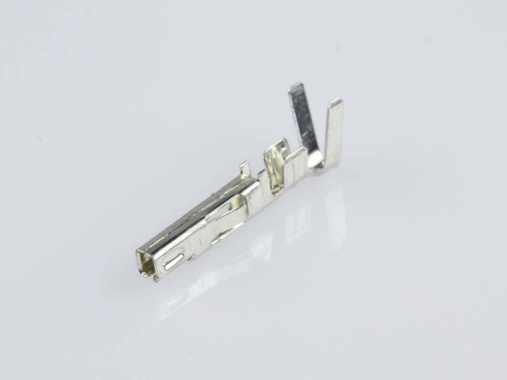 A silver-coloured metal contact on a white background, possibly part of an electrical connector or component.