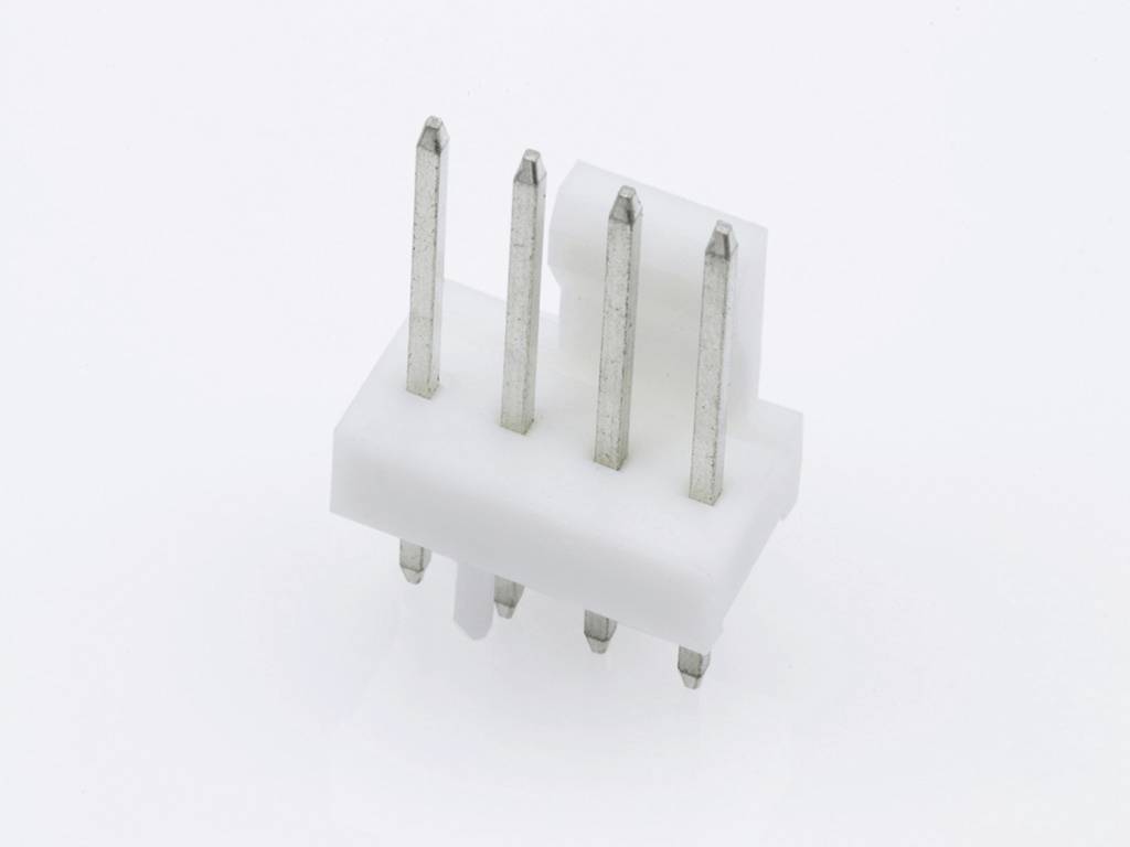 A white plastic plug with five long silver metal pins arranged in a row. Background is white.