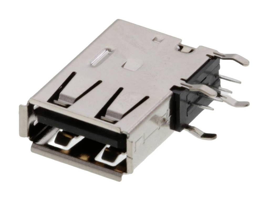 USB socket, rectangular, metal housing, with four pins on the side. Suitable for connecting USB components.